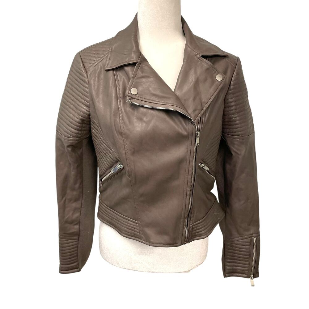 Bar III Vegan Leather Quilted Moto Jacket Gray M